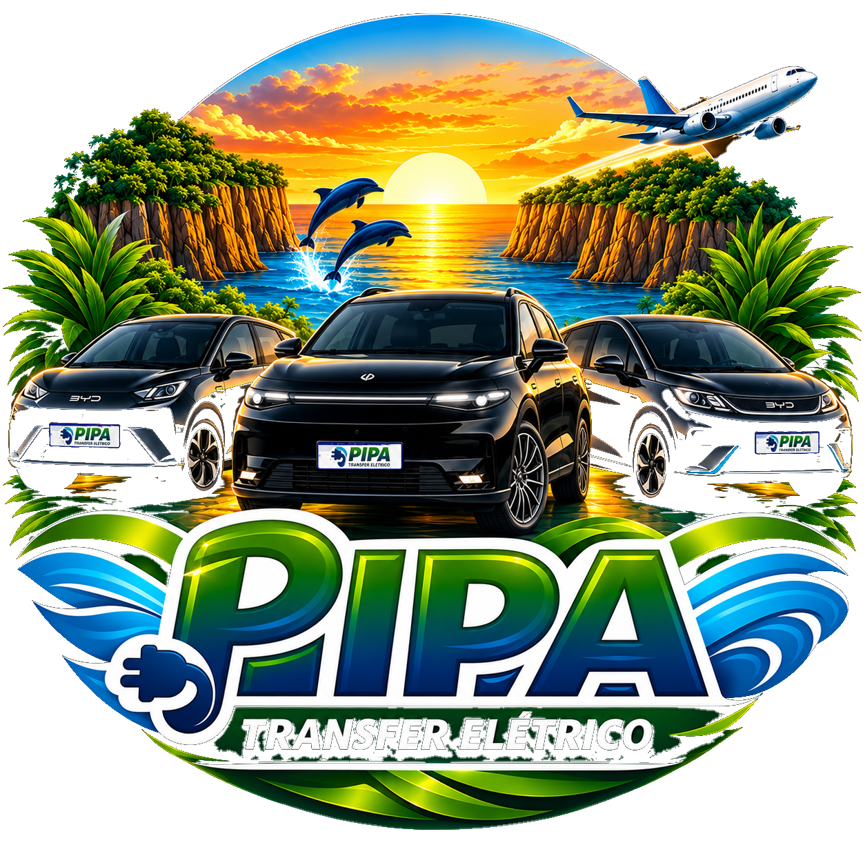 Logo convencional da Pipa Transfer Elétrico com veículos e paisagem tropical